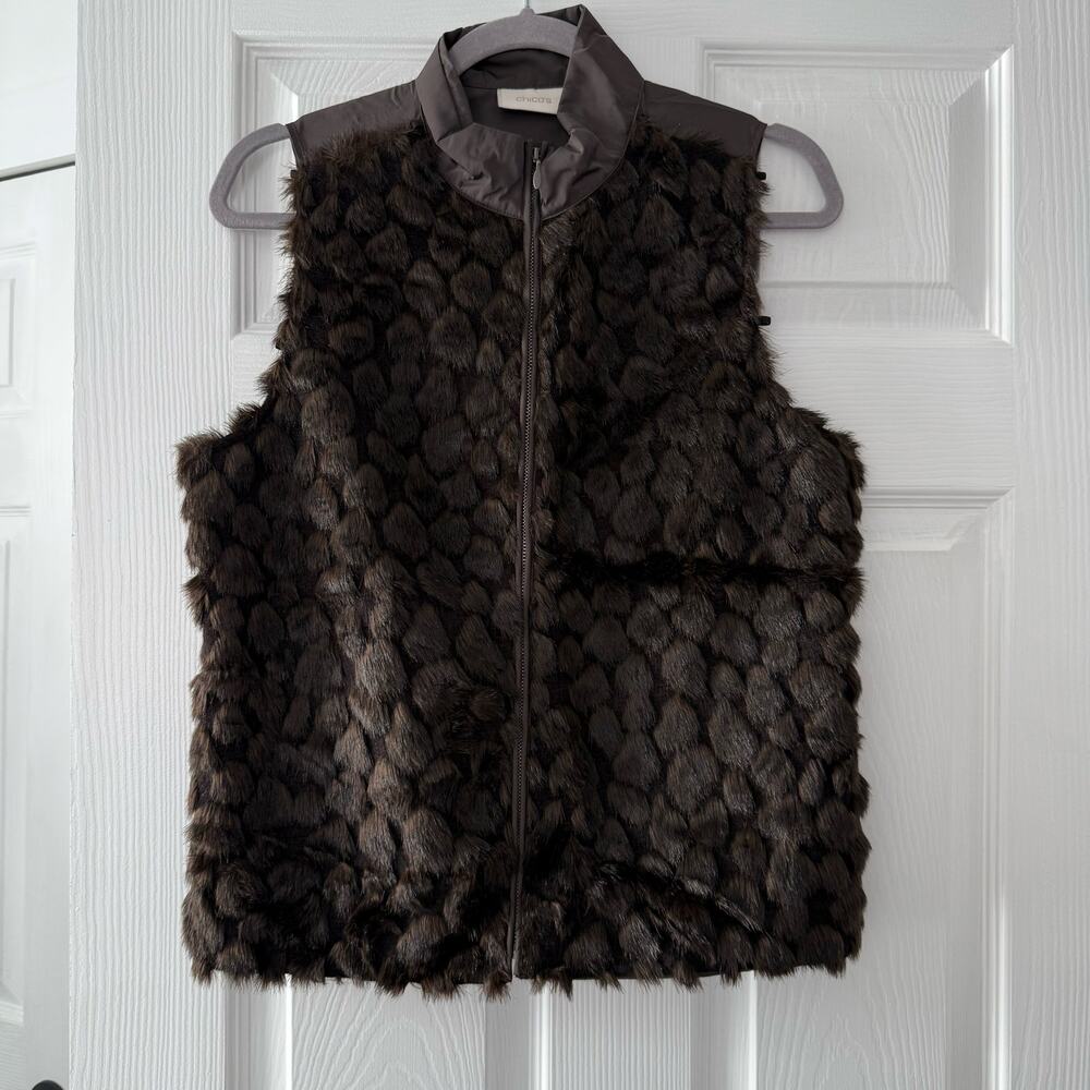 Chico's Women's Faux Fur Brown Green Full Zip Vest Size 0
